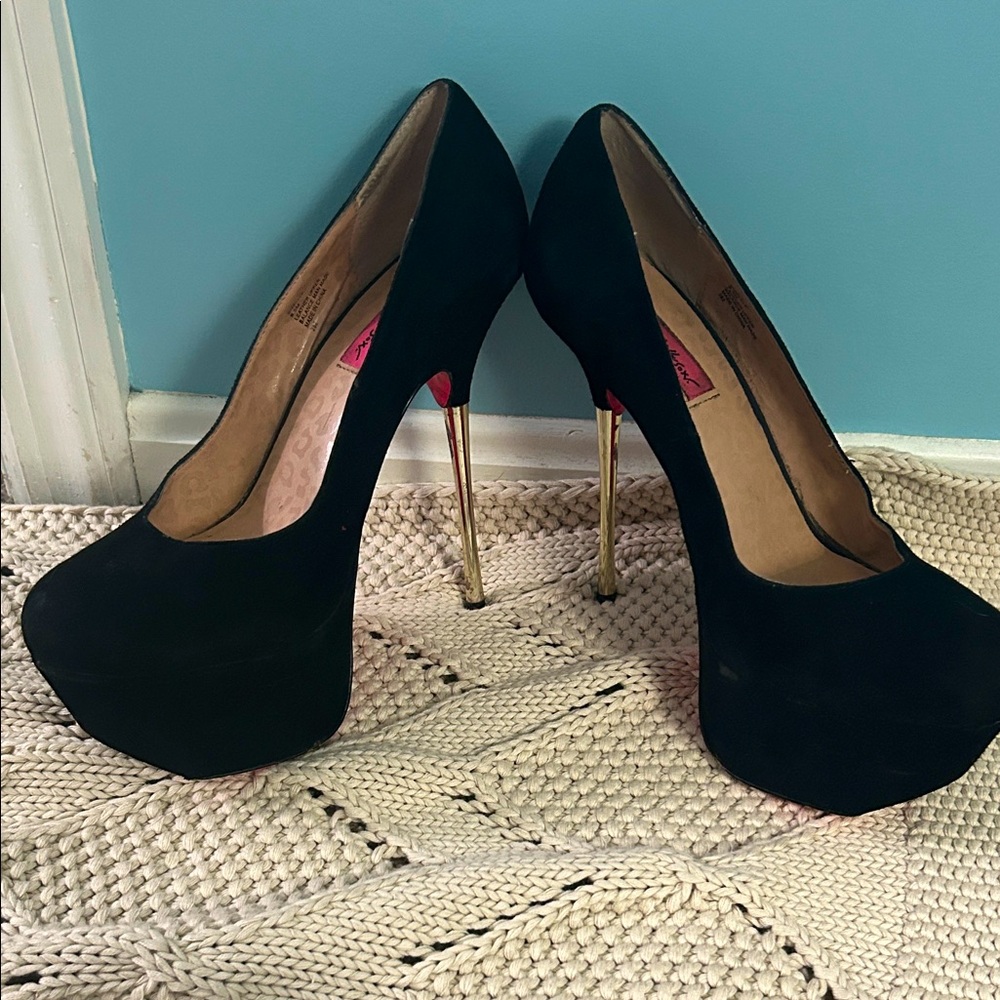 Betsey Johnson Black Heels with Gold Accents